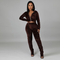 EVE Solid Hooded Zipper Long Sleeve Ruched 2 Piece Pants Set CYA-9412