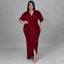 EVE Plus Size V Neck Irregular Short Sleeve Maxi Dress NNWF-7420