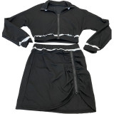 EVE Solid Long Sleeve Zipper Mini Skirt 2 Piece Sets ZNF-9126