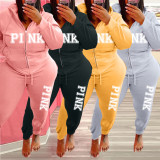 EVE Plus Size Pink Letter Hooded Zipper Two Piece Sets WAF-77408P118