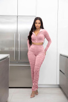 EVE Solid Hooded Zipper Crop Top Stacked Pants 2 Piece Sets FSL-185