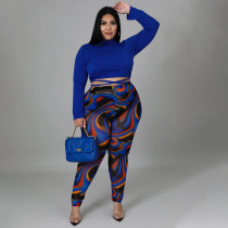 EVE Plus Size Long Sleeve Bandage Top+Printed Pants Sets NNWF-7390