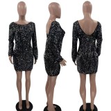 EVE Shiny Sequin Backless Long Sleeve Mini Dress MOF-6666