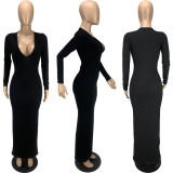 EVE Solid Ribbed Long Sleeve Bodycon Maxi Dress MN-9322