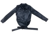EVE PU Leather Backless Tie-Knot Long Sleeve Top LSD-81096