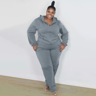 EVE Plus Size Solid Hooded Zipper Two Piece Pants Set XMF-089