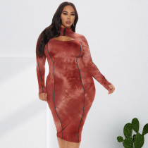 EVE Plus Size Tie Dye Print Long Sleeve Hollow Midi Dress OSIF-21421