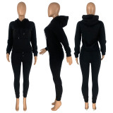 EVE Solid Plush Hoodie Top And Pants 2 Piece Suits CH-8197