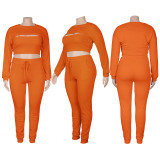 EVE Plus Size Solid Ribbed Long Sleeve Crop Top+Camisole+Pants 3 Piece Sets MA-Y453