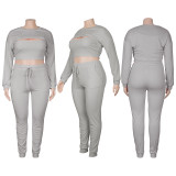 EVE Plus Size Solid Ribbed Long Sleeve Crop Top+Camisole+Pants 3 Piece Sets MA-Y453
