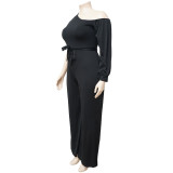 EVE Plus Size One Shoulder Long Sleeve Sashes Jumpsuit NNWF-7089
