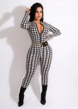 EVE Houndstooth Print Long Sleeve Zipper Jumpsuit (Without Chain)SFY-2157