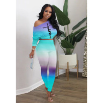 EVE Letter Gradient Long Sleeve High Waist Pants Sets XYMF-88032