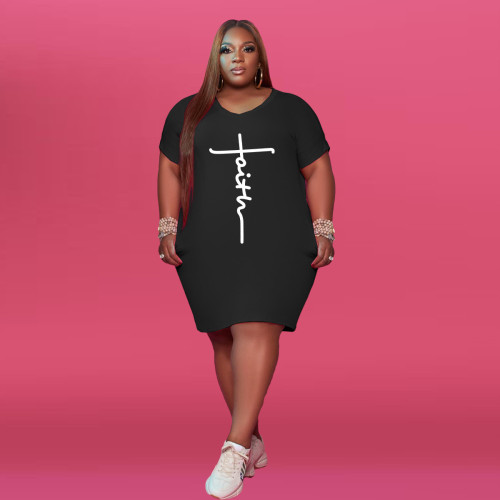 EVE Plus Size Letter Print Short Sleeve T Shirt Dress WAF-71491