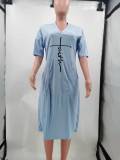 EVE Plus Size Letter Print V Neck Short Sleeve Midi Dress TK-6215