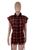 EVE Plaid Sleeveless Buttons Lace Up Shirt Top MX-9130