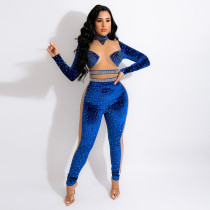 EVE Sexy Velour Mesh Hot Drilling Long Sleeve Jumpsuit CYA-9466