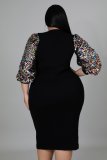 EVE Plus Size Sequin Sleeve Patchwork Midi Dress OSM2-5297