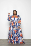 EVE Plus Size Sexy Printed V Neck Long Sleeve Maxi Dress BMF-093