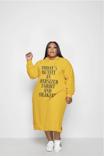 EVE Plus Size Letter Print Split Casual Long Hoodie Dress BMF-090