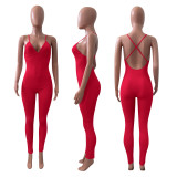 EVE Sexy Solid V Neck Backless Cross Strap Tight Jumpsuit NIK-270