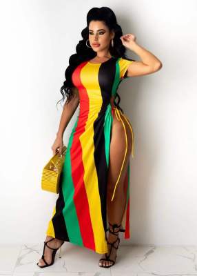 Plus Size Colorful Striped High Split Maxi Dress OM-1217-1