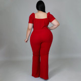 EVE Plus Size Solid V Neck Short Sleeve Sashes Jumpsuit NNWF-7427