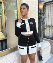 EVE Sexy Patchwork Long Sleeve Mini Skirt 2 Piece Sets MDF-5284