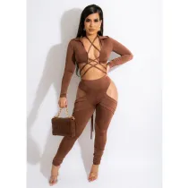 EVE Sexy Long Sleeve Bandage Top+Hollow Out Pants Set BN-9317