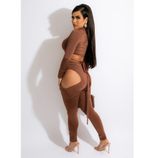 Sexy Long Sleeve Bandage Top+Hollow Out Pants Set BN-9317