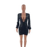 EVE Black Sequin Deep V Neck Long Sleeve Mini Dress YN-88838