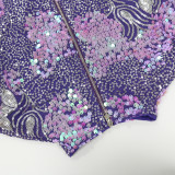 Purple Sequin Feather Crop Top Mini Skirt 2 Piece Sets CYA-9515
