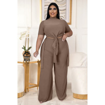 EVE Plus Size Solid Split Top Wide Leg Pants 2 Piece Sets ASL-7070