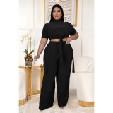 EVE Plus Size Solid Split Top Wide Leg Pants 2 Piece Sets ASL-7070