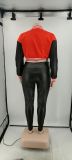 EVE Plus Size Baseball Jacket+PU Leather Pants 2 Piece Sets XYMF-88091-2