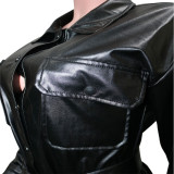 Black PU Leather Full Sleeve Belted Coat SH-390264