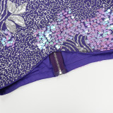 EVE Purple Sequin Feather Crop Top Mini Skirt 2 Piece Sets CYA-9515