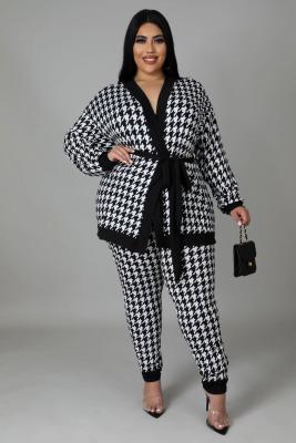 Plus Size Houndstooth Print Sashes Coat And Pants Set HNIF-092