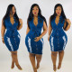 EVE Plus Size Denim Ripped Sleeveless Sashes Bodycon Dress WAF-77420