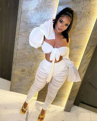 White Sexy Flare Sleeve Crop Top+Mesh Stacked Pants Set GEYF-68549