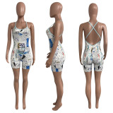 EVE Sexy Printed Backless Cross Strap Romper NIK-271