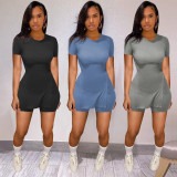 Plus Size Solid Short Sleeve Two Piece Sets WTF-9187