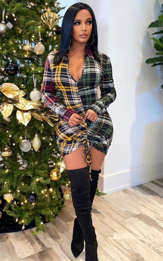 EVE Plaid Deep V Neck Drawstring Long Sleeve Mini Dress XMY-9349