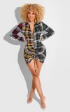 EVE Plaid Deep V Neck Drawstring Long Sleeve Mini Dress XMY-9349