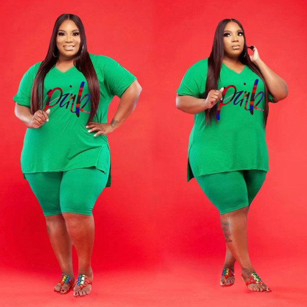 EVE Plus Size Pink Letter Print V Neck T Shirt And Shorts Suits WAF-714382