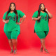 EVE Plus Size Pink Letter Print V Neck T Shirt And Shorts Suits WAF-714382
