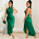 EVE Sexy Solid Halter Backless Irregular Split Club Dress BY-5625