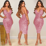 EVE Sexy Sequin V Neck Spaghetti Strap Midi Club Dress BY-5611