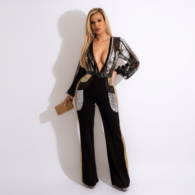 Sexy Sequin Deep V Neck Long Sleeve Jumpsuit (Without Belt) CYA-9576