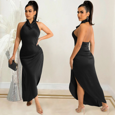 EVE Sexy Solid Halter Backless Irregular Split Club Dress BY-5625